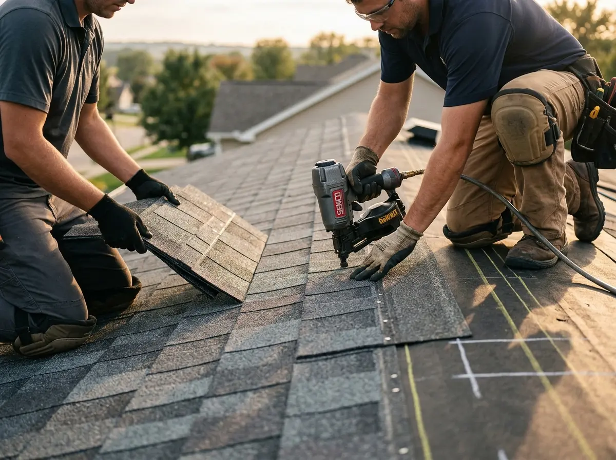 Professional roofer working on a residential roof in Monroeville